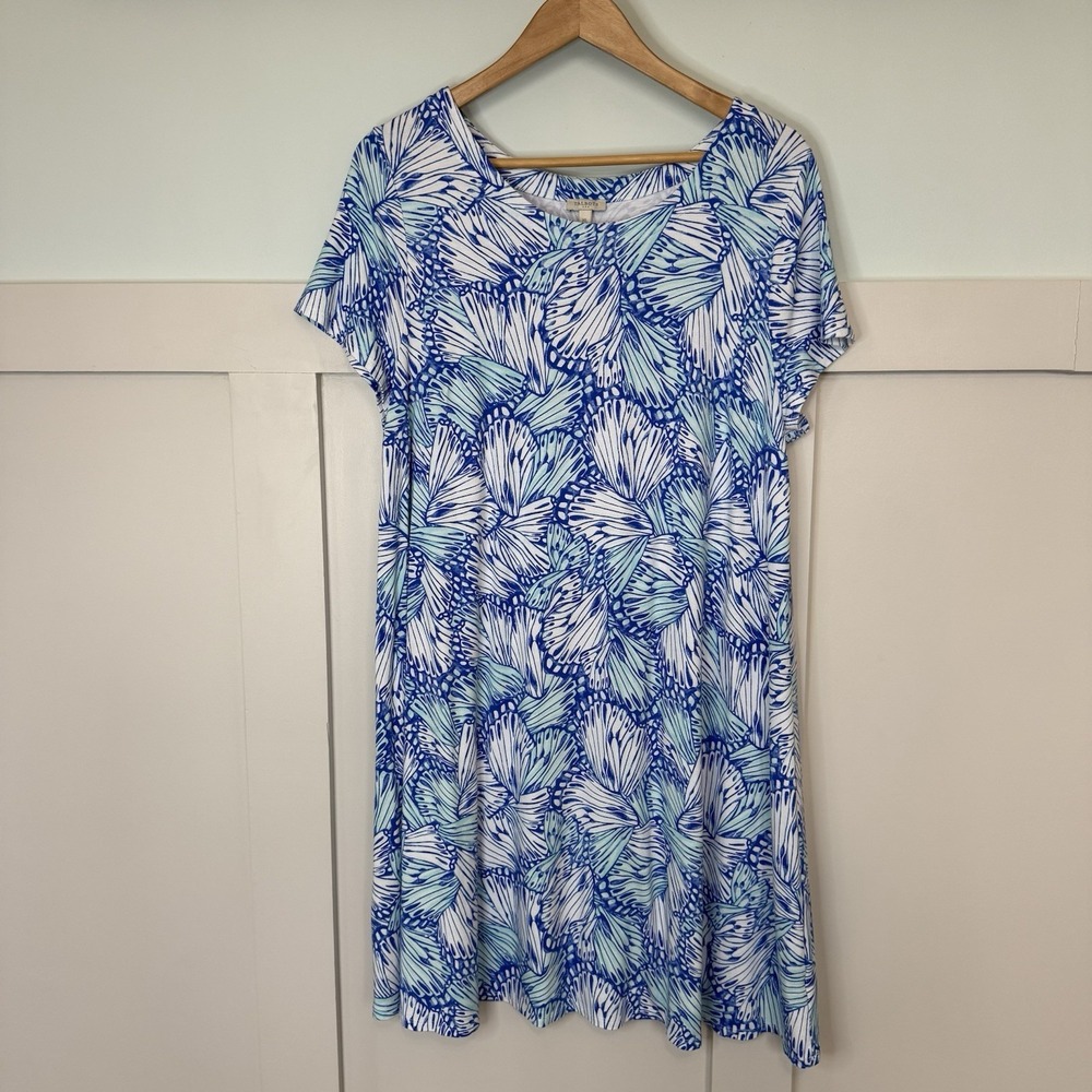 Talbots Dress Women's XL Blue Butterfly Stretch Spring Whimsy Beach Comfy Lounge
